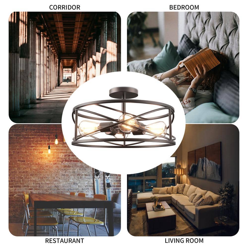 17 in. 4-Light Bronze Caged Drum Semi-Flush Mount - Hercitys