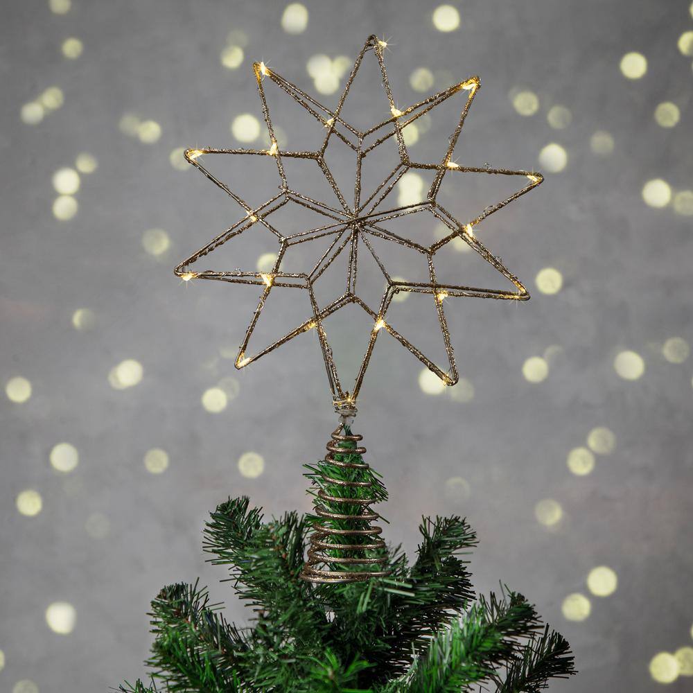 12 in. LED Lighted B/O Gold Glittered Geometric Star Tree Topper – White Lights - Hercitys