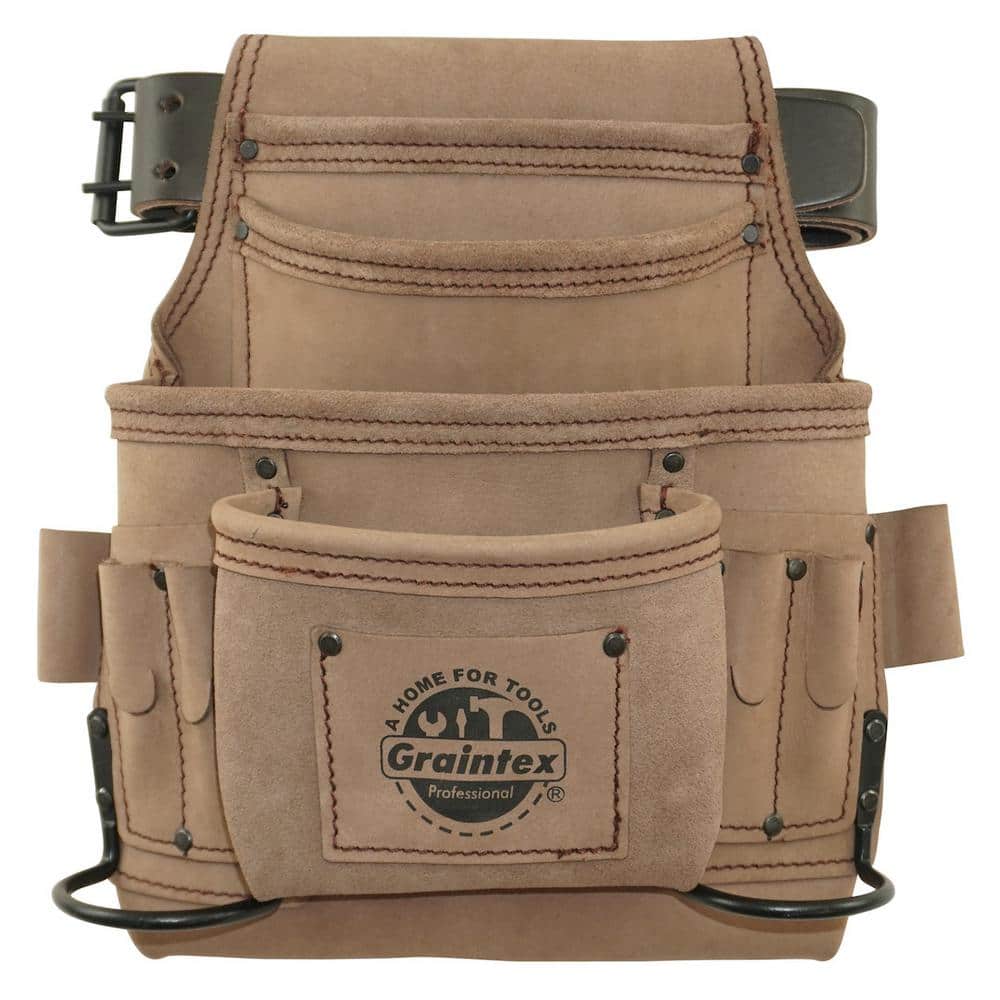10-Pocket Beige Top Grain Leather Nail and Tool Pouch with 2 in. Belt - Hercitys