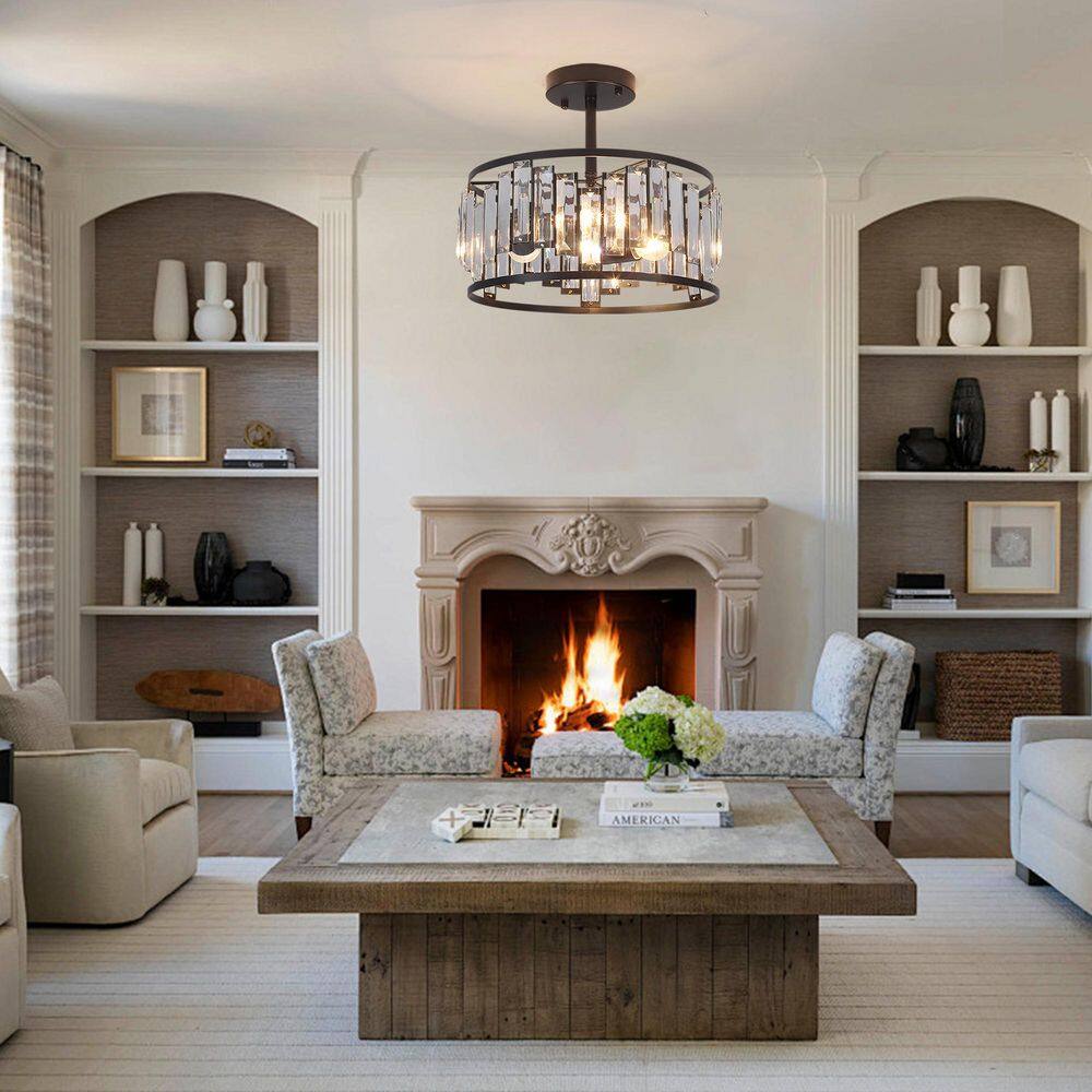 12.6 in. 3-Light Matte Black Semi Flush Mount Light with Clear Glass Shade - Hercitys