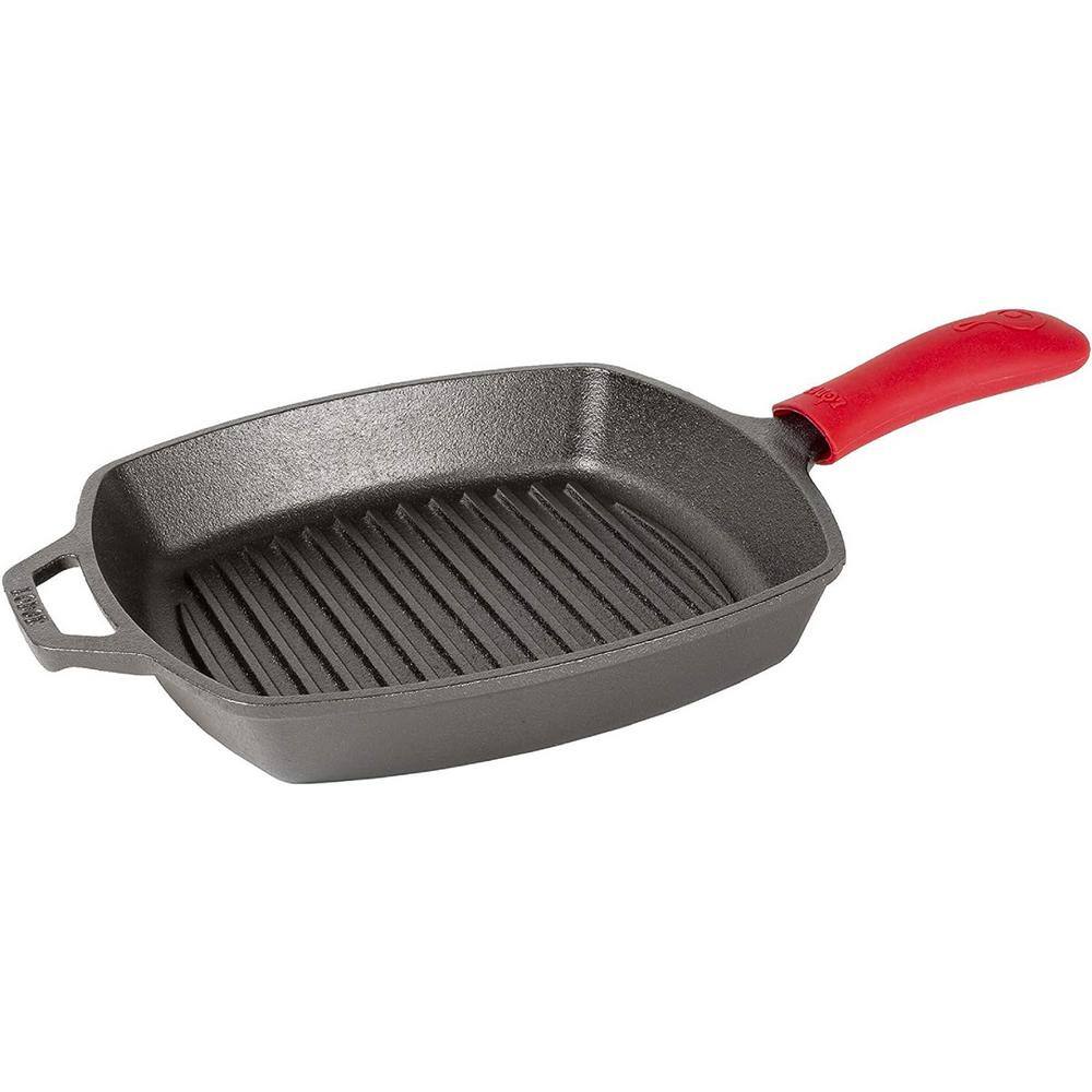 10.5 in. Cast Iron Pre-Seasoned and Ready-to-use Square Grill Pan in Black with Red Silicone Hot Handle Holder - Hercitys