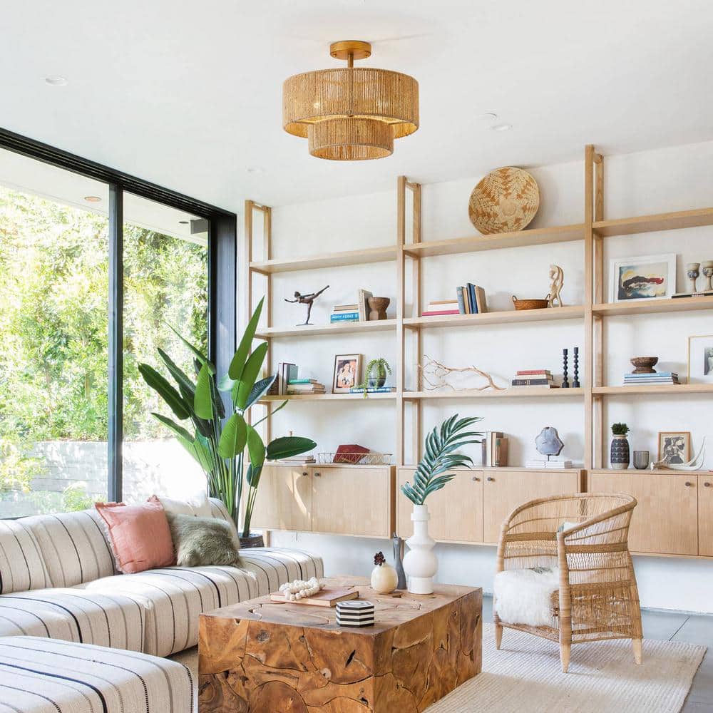 15.4 in. 3-Light Bohemian Antique Gold Two-Tier Drum Semi- Flush Mount with Natural Jute Rope Shade - Hercitys