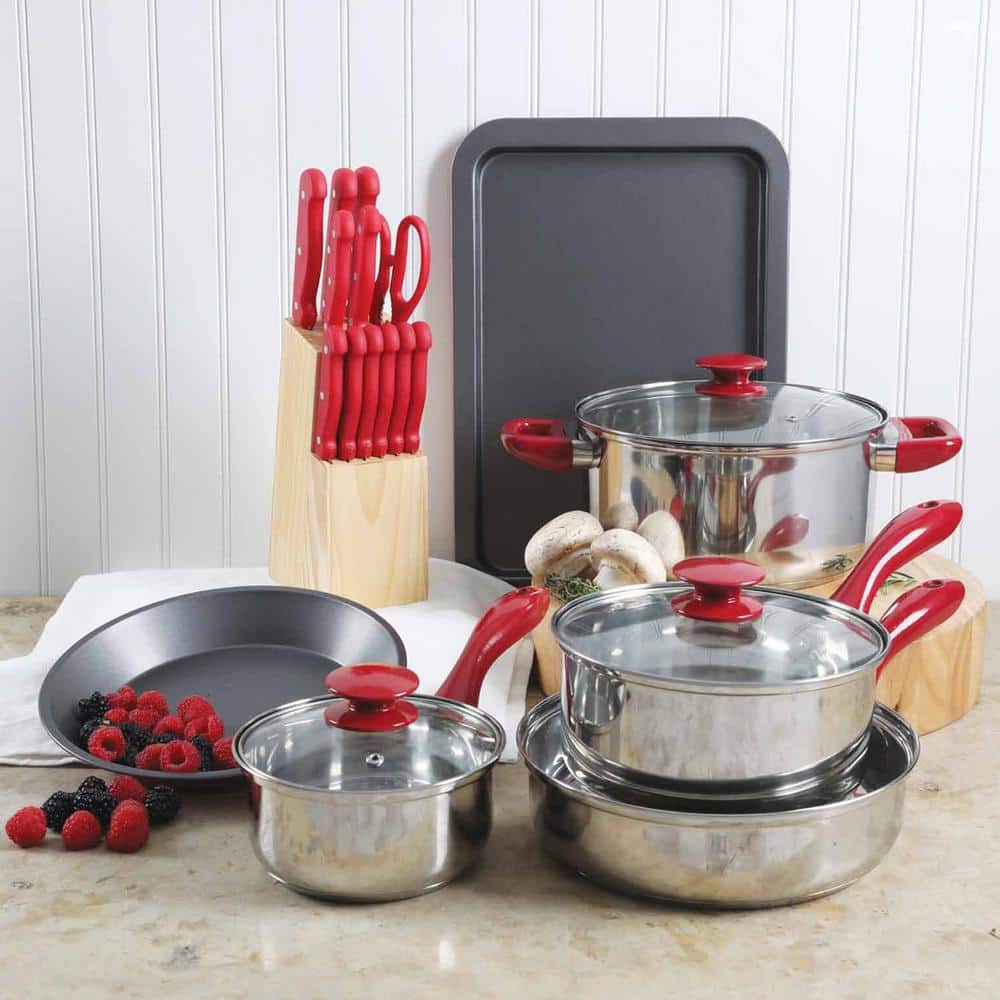 22-Piece Cookware Combo Set in Red - Hercitys