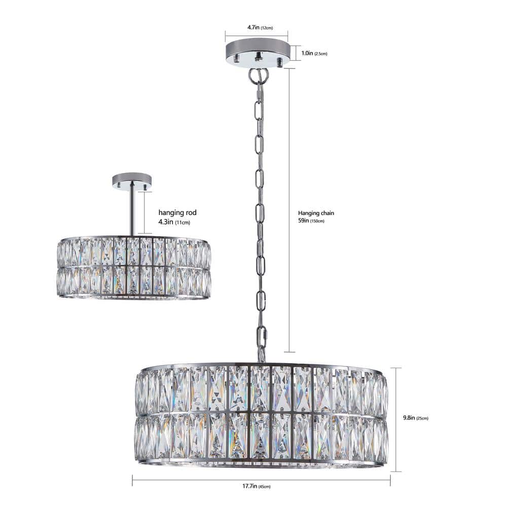 17.7 in. 6-Light Silver Semi-Flush Mount with Crystal Shade and No Bulbs Included Drum Ceiling Lights Crystal Chandelier - Hercitys