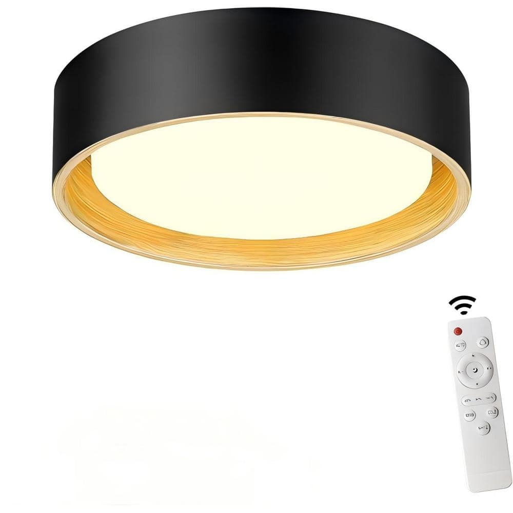 3000K-6500K 14-Watt Integrated LED 12.6 in Black and Wood Grain Flush Mount with Metal Shade and No Bulbs Included - Hercitys
