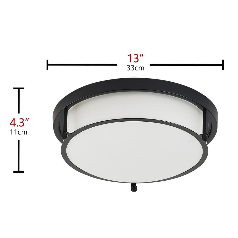 13 in. 2-Light Industrial Black Flush Mount Farmhouse Close to Ceiling Light Fixture with White Glass Shade - Hercitys