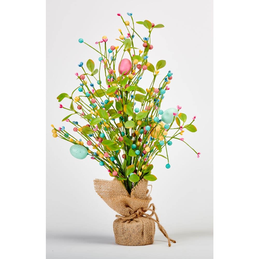 18 in Easter Tabletop Tree with Eggs, Berries and Green Leaves In Burlap Sack Base - Hercitys