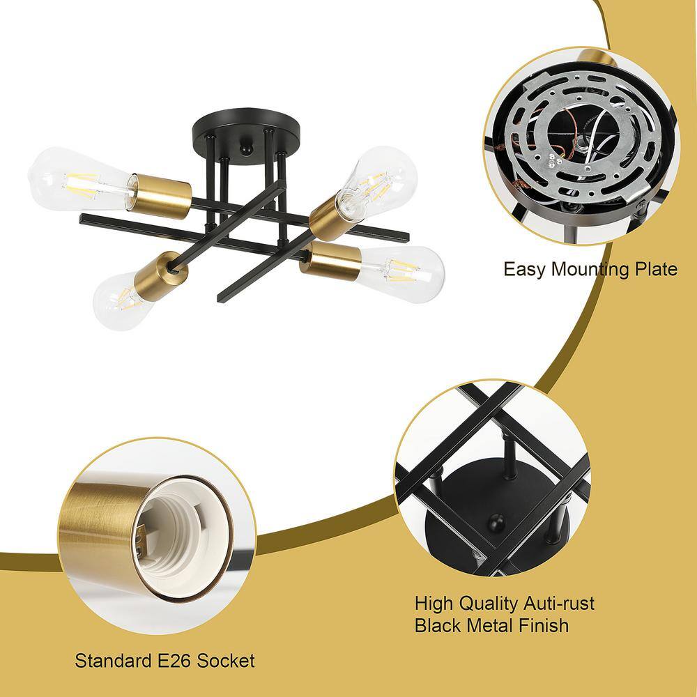 14 in. 4-Light Modern Sputnik Linear Black Metal Industrial Farmhouse Semi- Flush Mount Ceiling Lights Chandelier Light - Hercitys