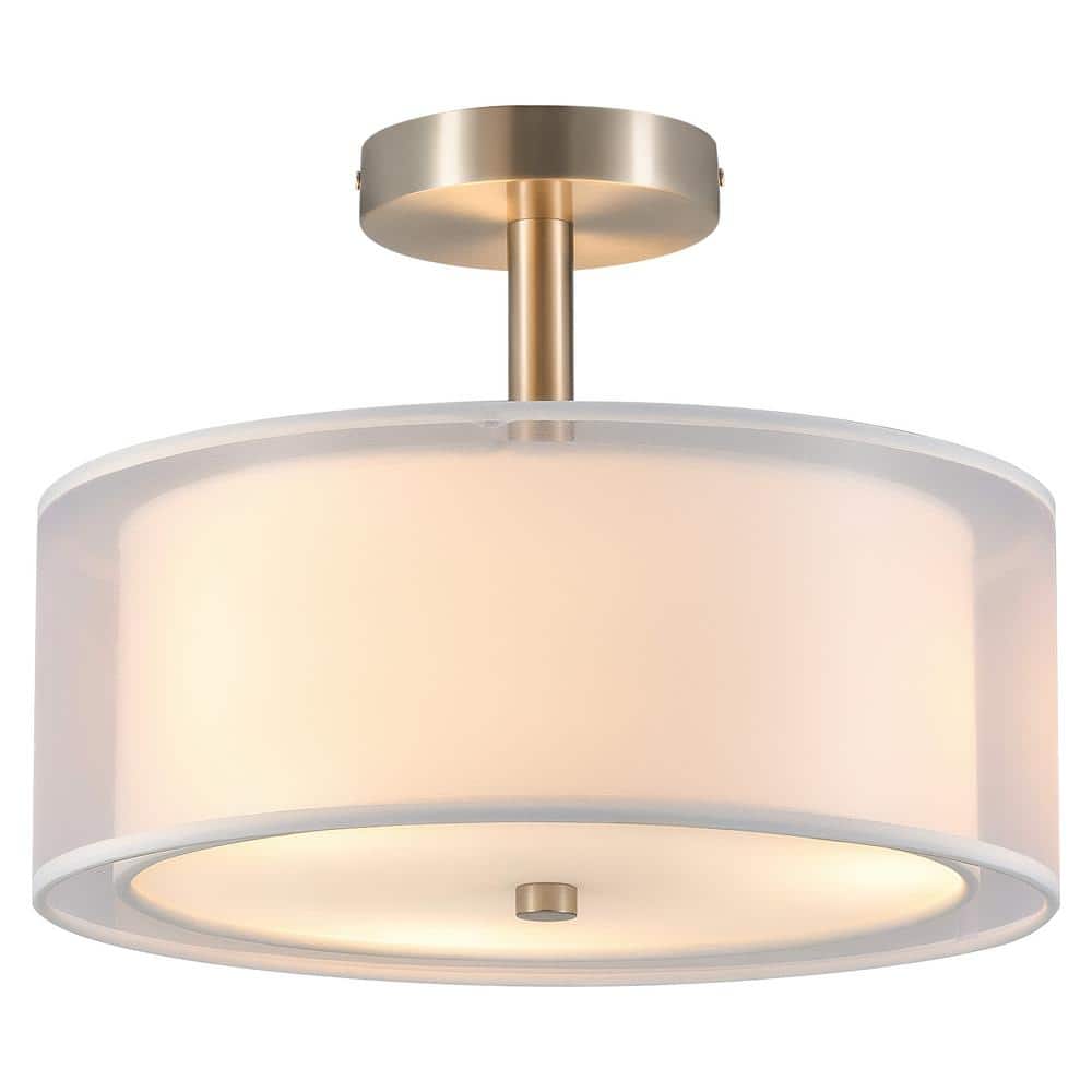 13 in. 3-Light White Semi-Flush Mount Ceiling Light Fixture Drum Light Fixture with 2-Layer Fabric Shade - Hercitys