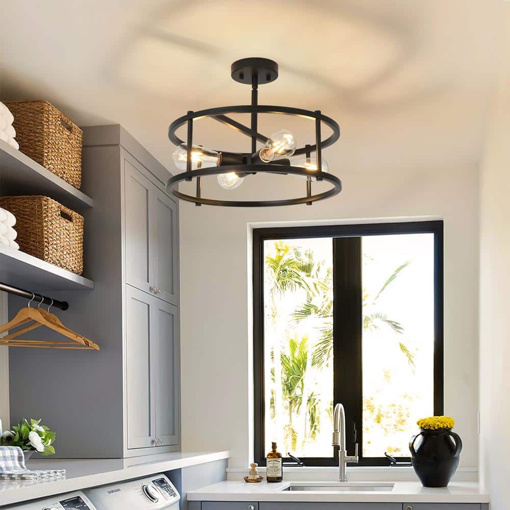 16.54 in. 4-Lights Farmhouse Matte Black Round Cage Industrial Semi-Flush Mount Ceiling Light - Hercitys