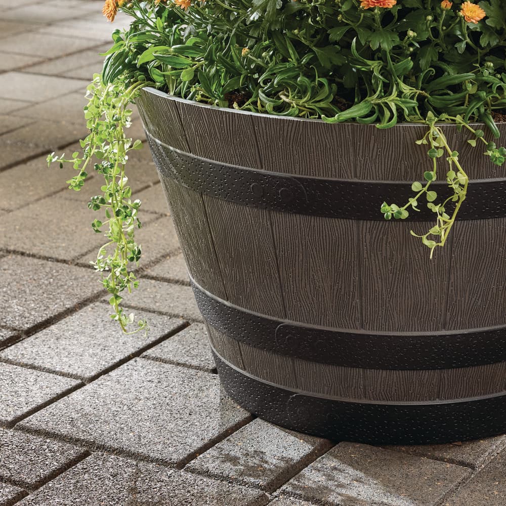 22 in. Cameron Whiskey Barrel Resin Planter (22 in. D x 13.5 in. H) with Drainage Hole - Hercitys