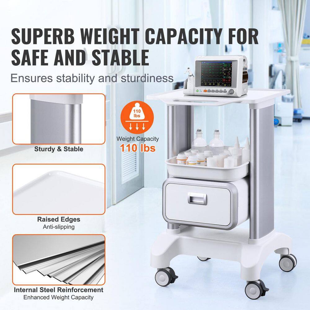 2-Tiers Lab Carts, White, Plastic, Kitchen Cart, with 1-Drawer and 1-Top Tray, Lab Rolling Cart, Mobile Medical Cart - Hercitys