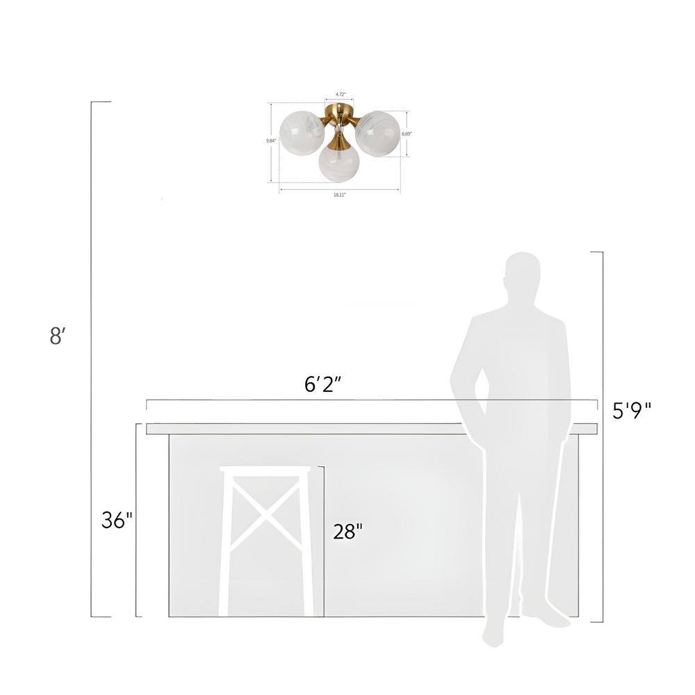 18 in. 3-Light Brass Triple Semi-Flush Mount with White Bubble Glass Shade and No Bulbs Included - Hercitys