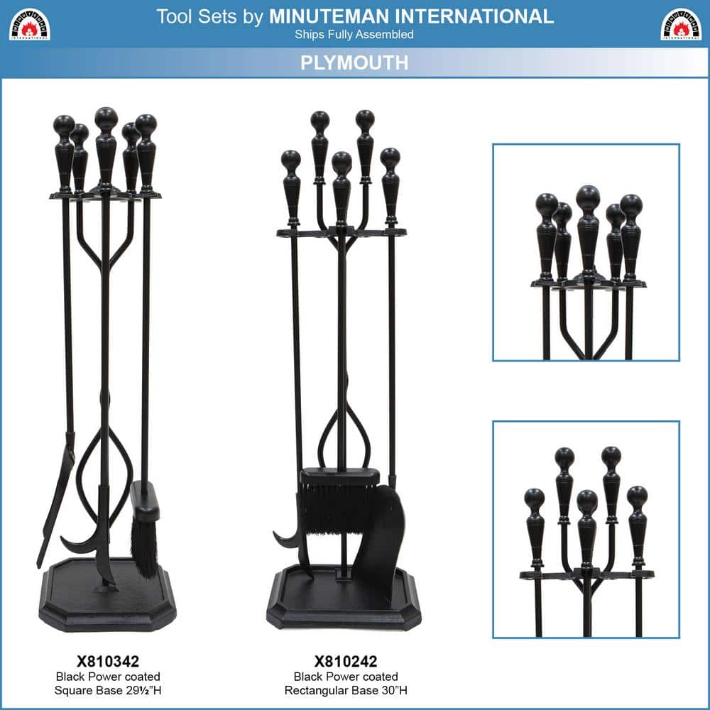 29.5 in. Tall 5-Piece Black Plymouth Fireplace Tool Set with Rectangular Base - Hercitys