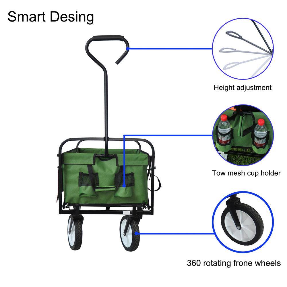3.44 cu. ft. Grass Green Metal Folding Garden Cart with Side Pockets, Reflection Belt and Adjustable Handles - Hercitys