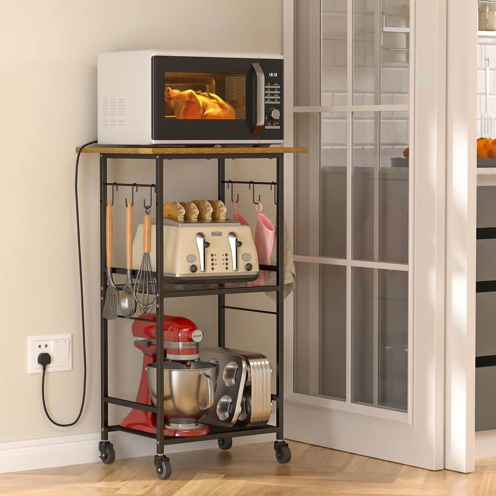 3-Tier Black and Brown Rolling Kitchen Microwave Cart with Wheels and Hooks, Microwave Table Stand with Adjustable Shelf - Hercitys