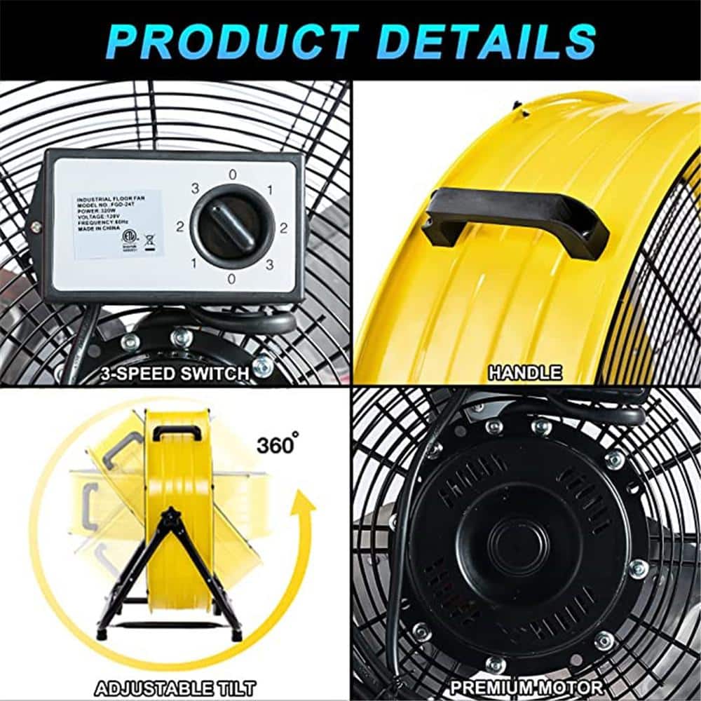 24 in. Drum Fan, 8100 CFM Air Circulation High Velocity Industrial Fan with 360° Adjustable Tilt in Yellow - Hercitys