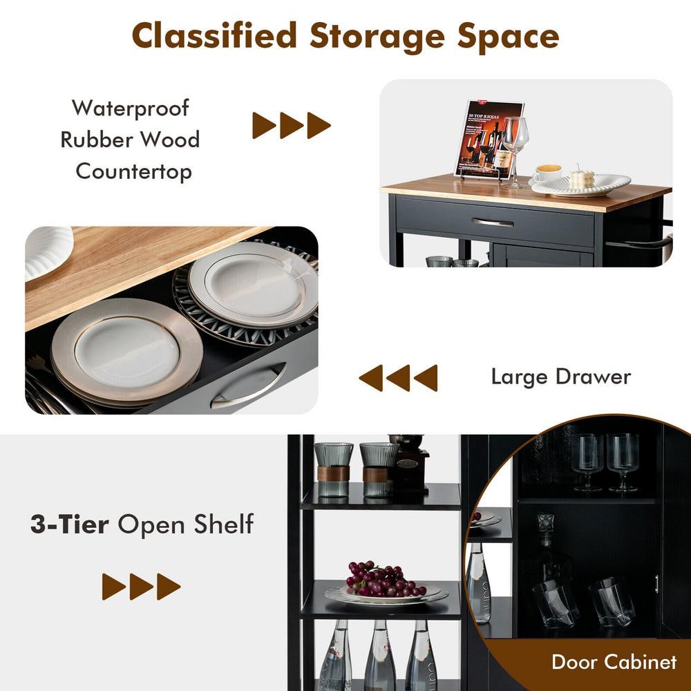 34.5 in. Black Wood Kitchen Cart Island with Rubber Wood Top - Hercitys