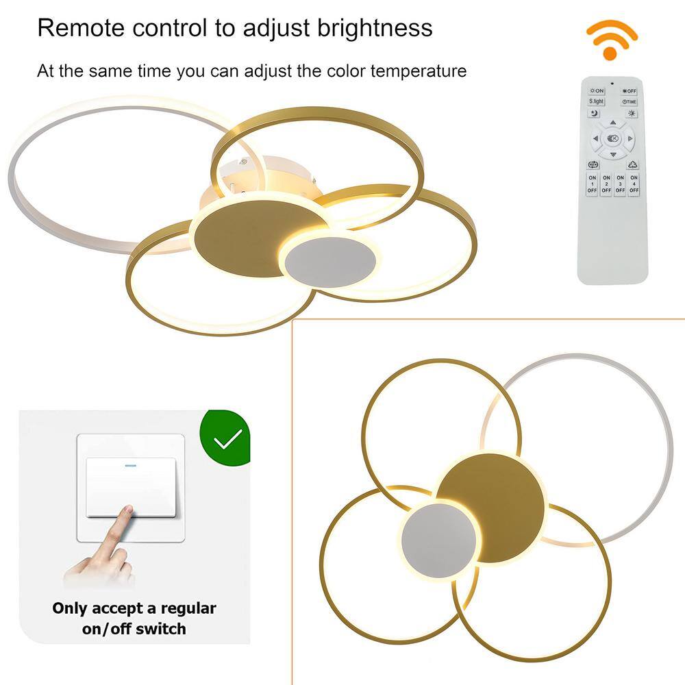 31.5 in. Gold Modern 6-Ring Flush Mount Dimmable LED Ceiling Light with Remote and Integrated LED Light Source Included - Hercitys