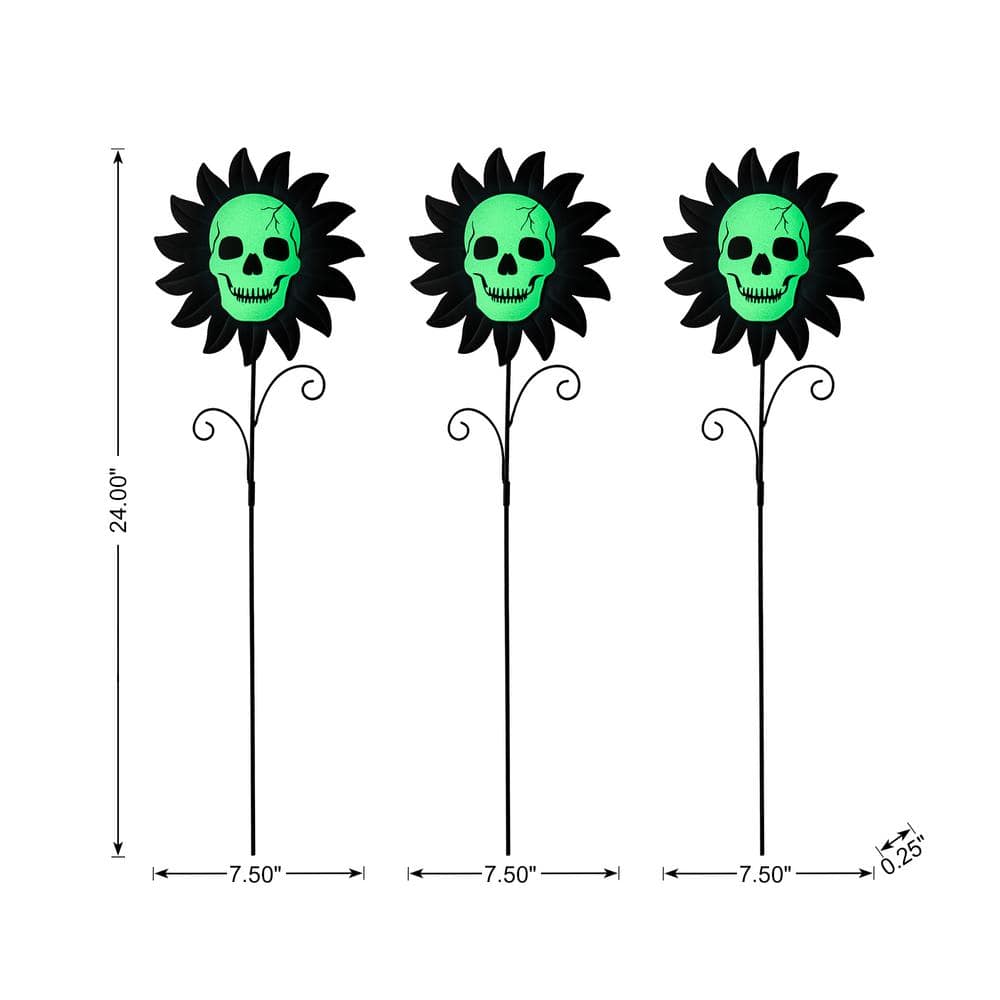 24 in. H Halloween Metal Sunflower Skulls Glow-In-Dark Yard Stake (Set of 3) - Hercitys