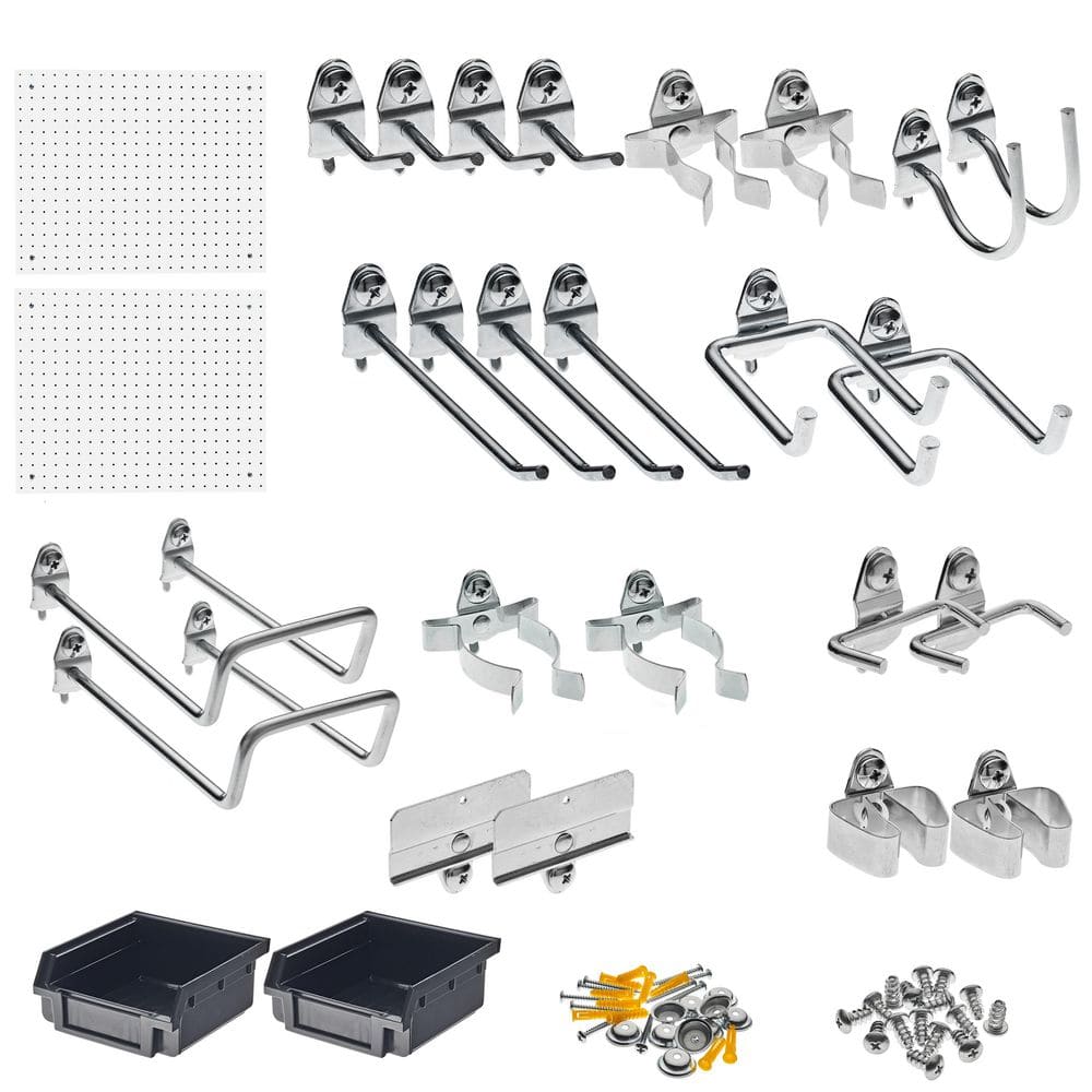 18 in. H x 22 in. W White Poly Wall Kit Pegboard Set with Hooks DuraBoard Mounting Kit and Bin Systems (84-Piece) - Hercitys
