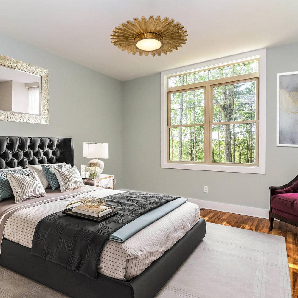 21.65 in. 16-Watt Integrated LED Gilt Wood Sunburst Flush Mount Ceiling Light Fixture - Hercitys