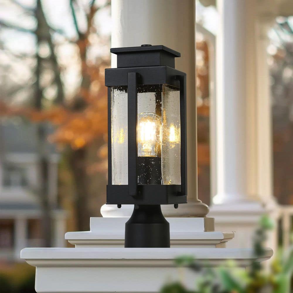 1-Light Black Metal Outdoor Weather Resistant Pier Mount Light Post Lantern with LED Square Fitter - Hercitys