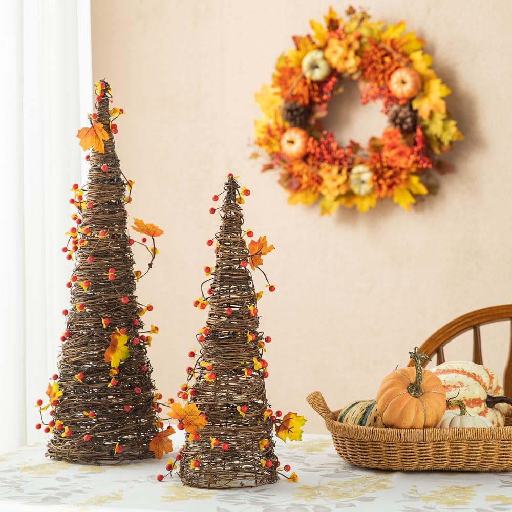 24 in. H Fall Rattan Berries and Maple Leaves Table Tree ( Set of 2) - Hercitys