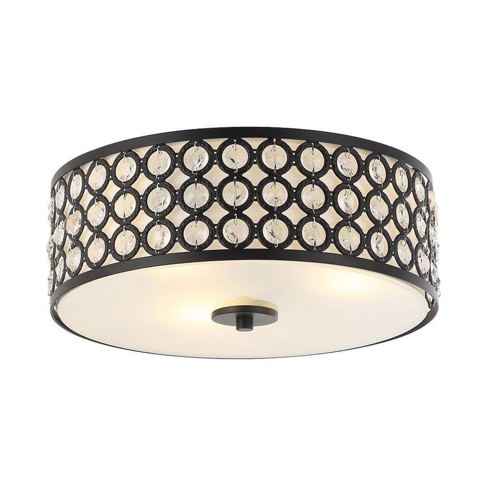 14 in. 3-Light Black Drum Flush Mount Crystal Ceiling Light with Clear Inner Shade - Hercitys