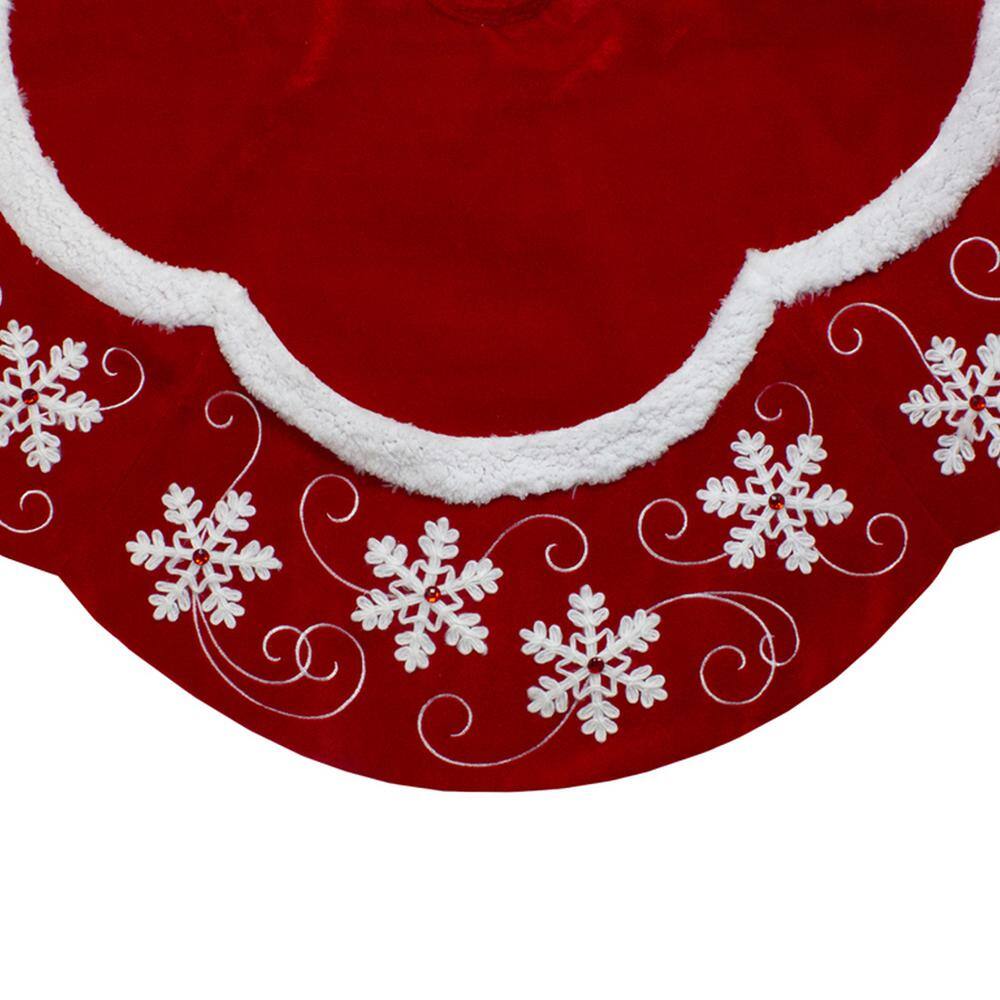48 in. Velvet Red and White Snowflake Scallop Christmas Tree Skirt - Hercitys