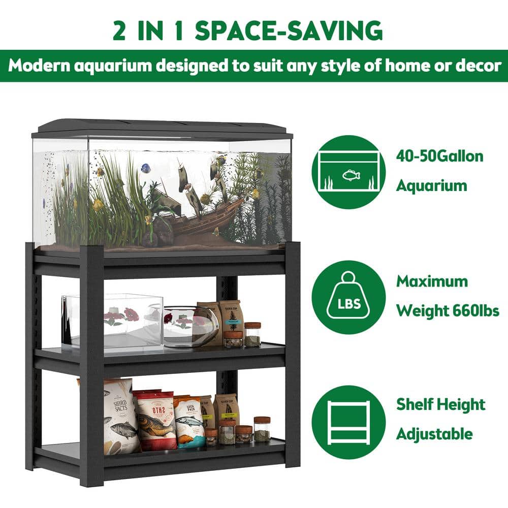 3-Tier Kitchen Pantry, Fish Tank Stand, Metal Aquarium Stand, Adjustable Heavy Duty Reptile Tank in Black - Hercitys