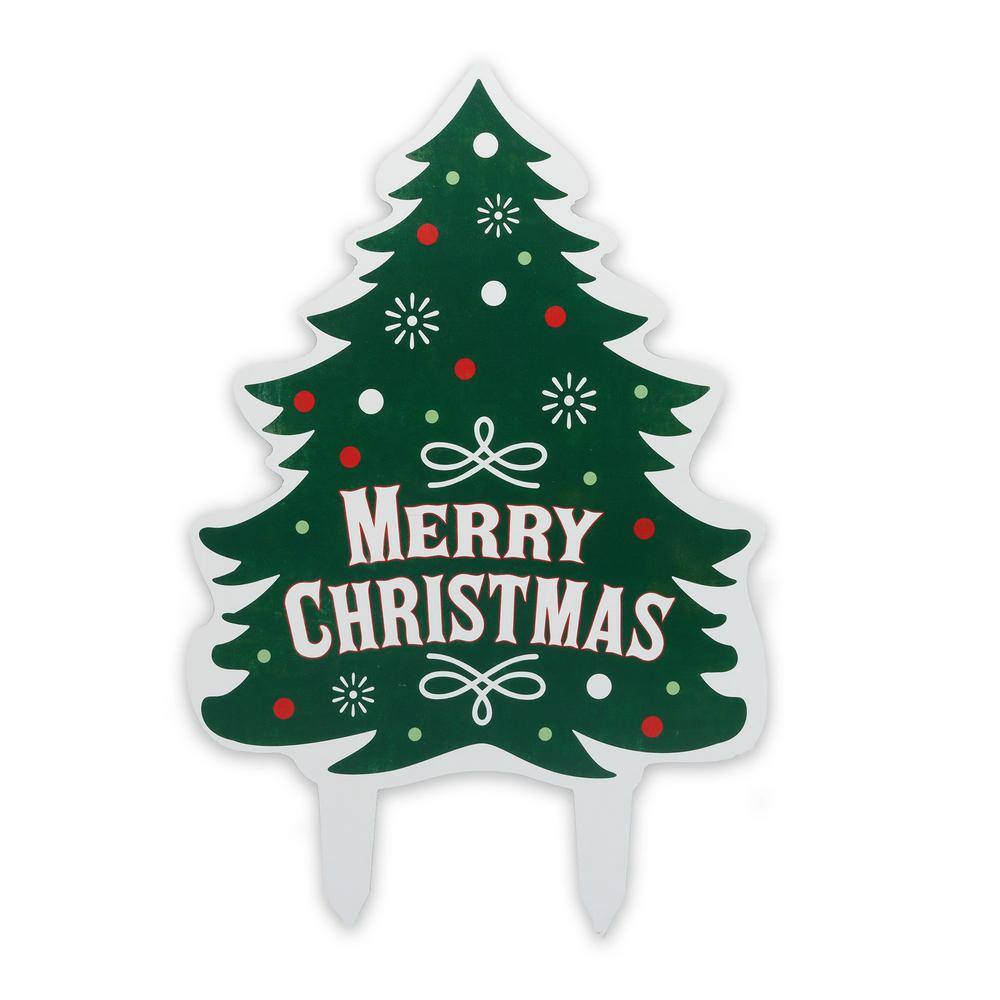 20 in. Green Weather-Resistant Metal Merry Christmas Tree Yard Stake - Hercitys