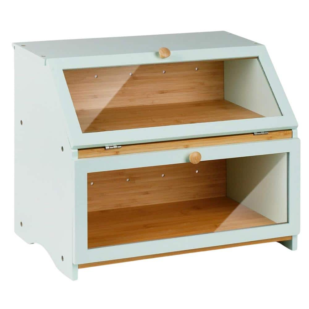 1 Piece Double Layer Bread Box for Kitchen Counter, Wooden Large Capacity Bread Storage Bin (Mint Green) - Hercitys