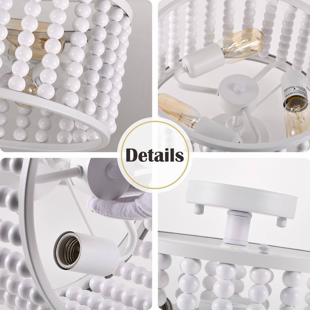 12.8 in. 3-Light White Semi Flush Mount Round Ceiling Light Fixture with Wood Bead and No Bulbs Included - Hercitys