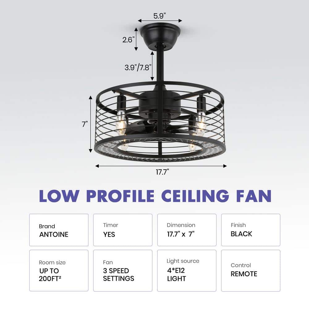 17 in. Indoor Black Ceiling Fan Caged Ceiling Fan with Lights and Remote Industrial Enclosed Ceiling Fan - Hercitys