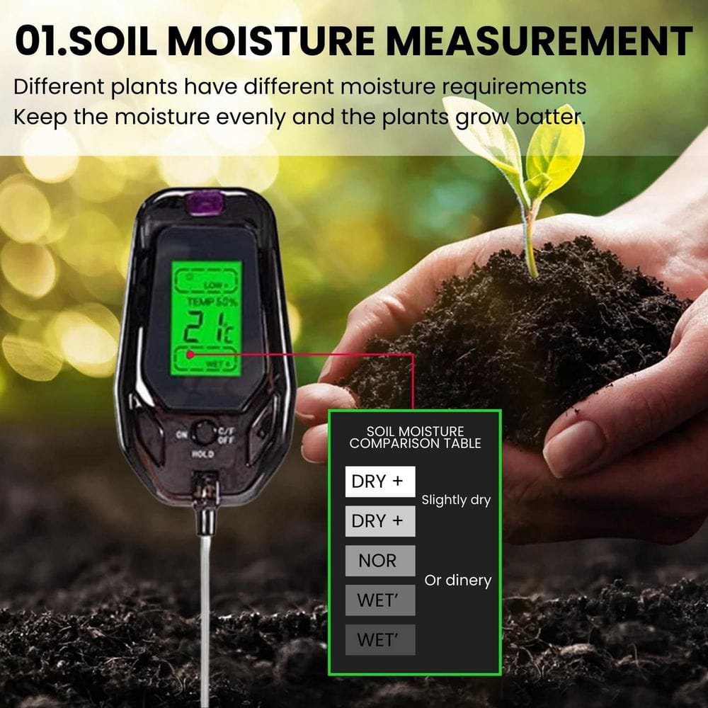 5-in-1 Soil Moisture Meter Flower and Gardening PH Tester ABS and Metal with Digital Display - Hercitys
