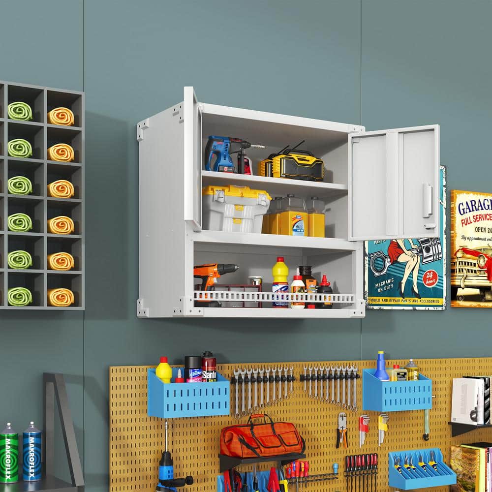 31.5 in. W x 11.81 in. D x 30.31 in. H Heavy-Duty Steel Garage Wall Mount Cabinet, Tool Storage Cabinet in White - Hercitys