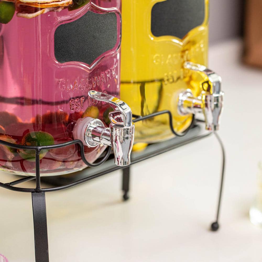 2-Pieces Glass Drink Dispenser Set with Metal Stand, Stainless Steel Spigots and Chalkboard Signs - Hercitys
