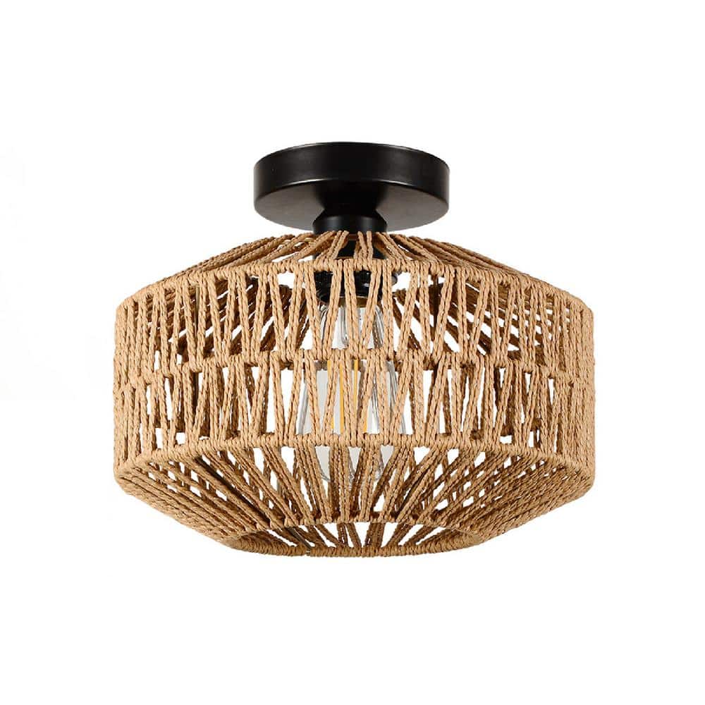 11.8 in. 1-Light Brown Rattan LED Semi-Flush Mount Light with Dimmable LED Bulb - Hercitys