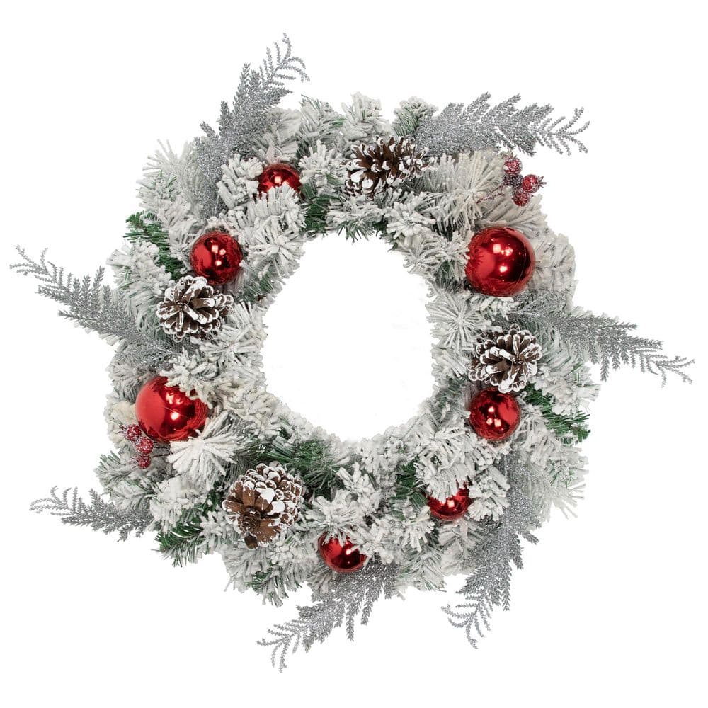 24 ” Flocked Pine Red Ball Berries & Silver Cedar Artificial Christmas Wreath-Unlit - Hercitys