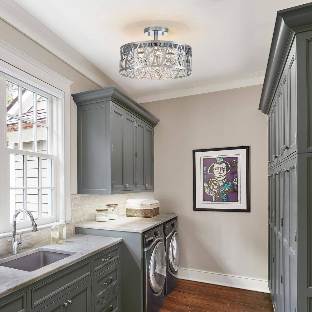 13.78 in. 1-Light Modern Chrome Round Dimmable LED Semi-Flush Mount Ceiling Light with Beaded Drum Crystal Shade - Hercitys