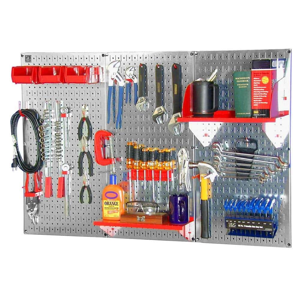 32 in. x 48 in. Metal Pegboard Standard Tool Storage Kit with Galvanized Pegboard and Red Peg Accessories - Hercitys