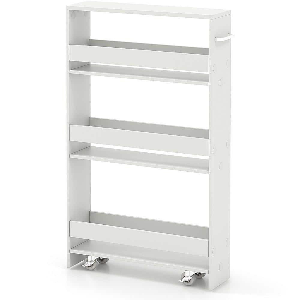 4-Tier White Slim Wood Kitchen Cart with Open Shelves Storage Cart Rolling On Wheels Narrow - Hercitys