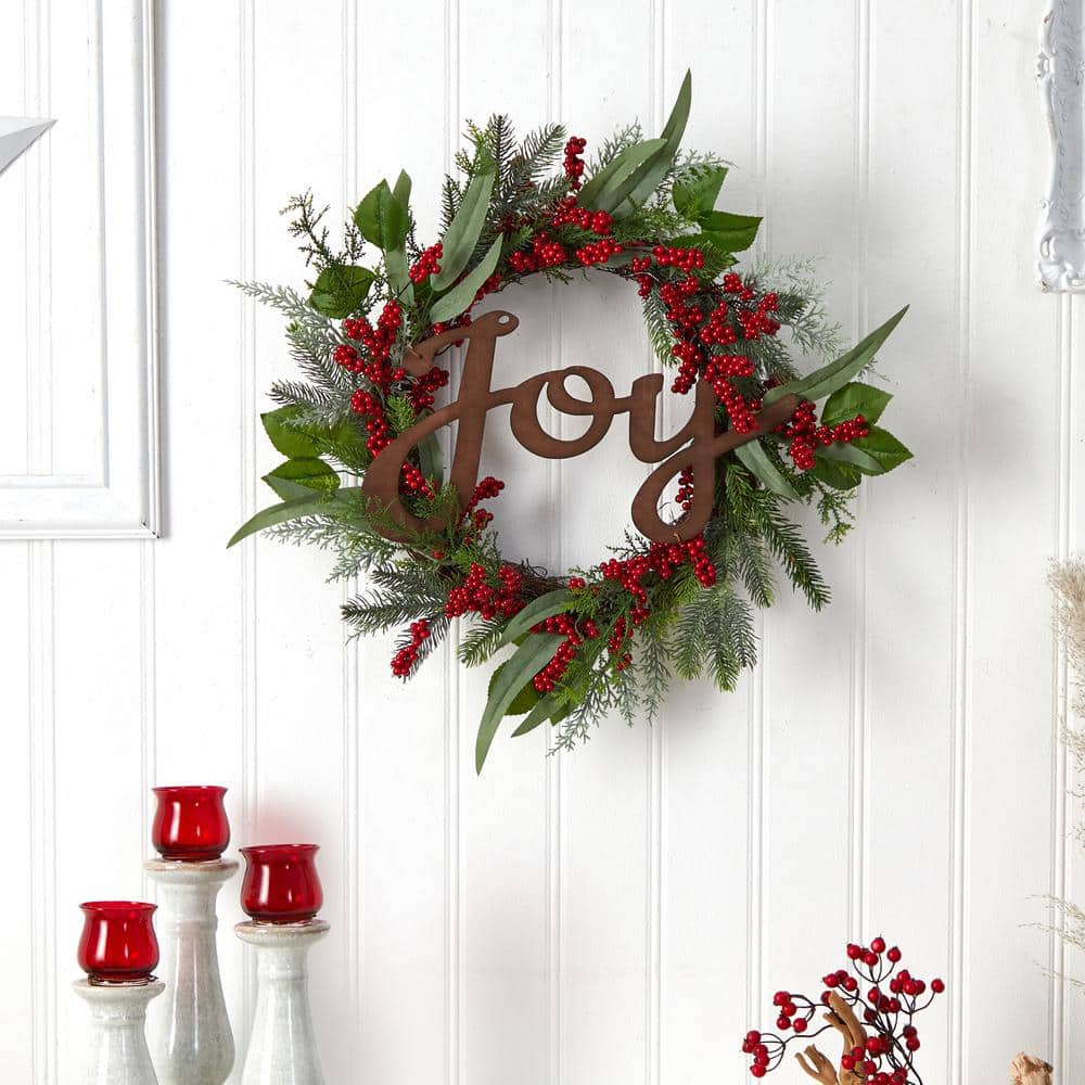 24 in. Unlit Joy and Berries Artificial Christmas Wreath - Hercitys