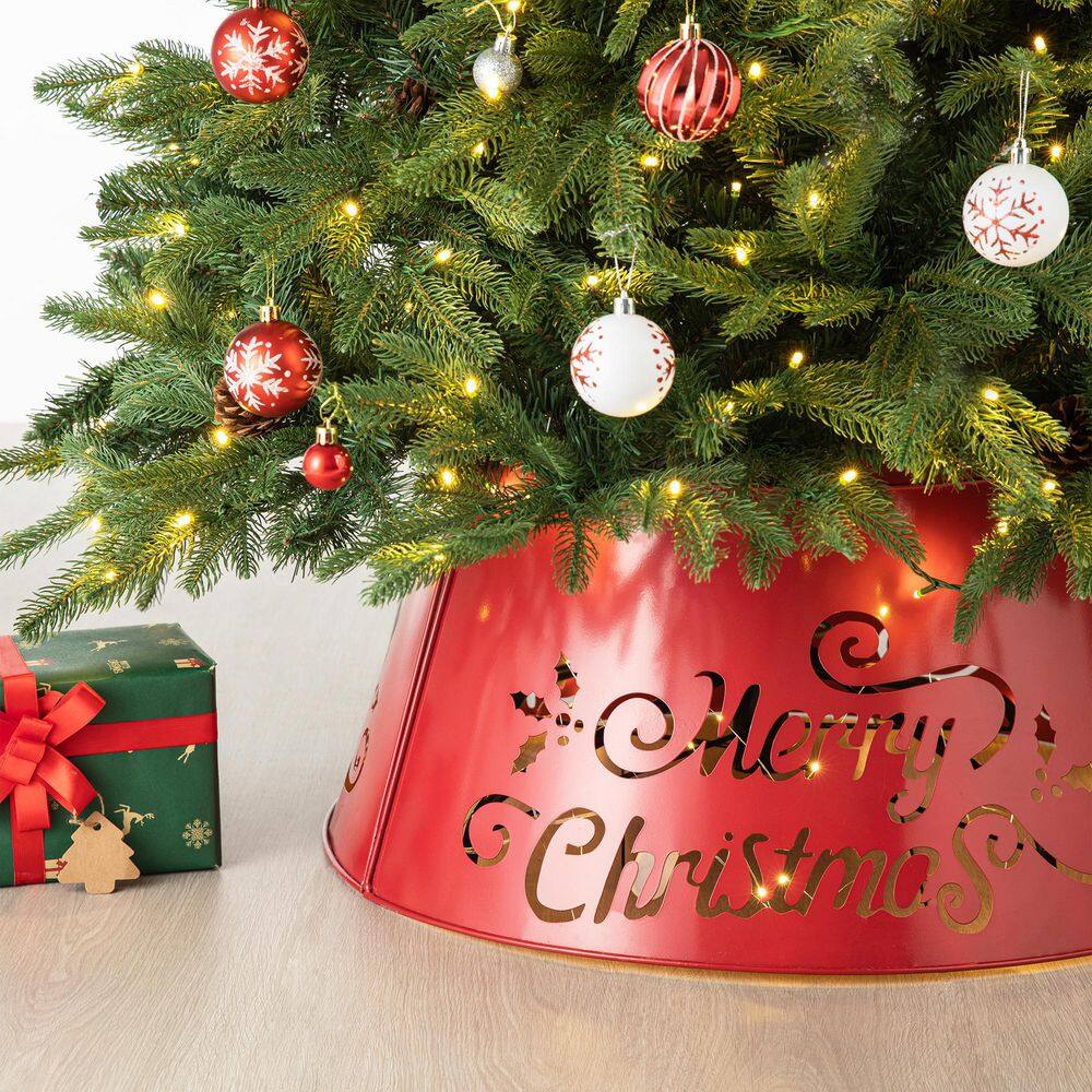 26 in. D Merry Christmas Cutout Metal Tree Collar with Light String (KD) - Hercitys