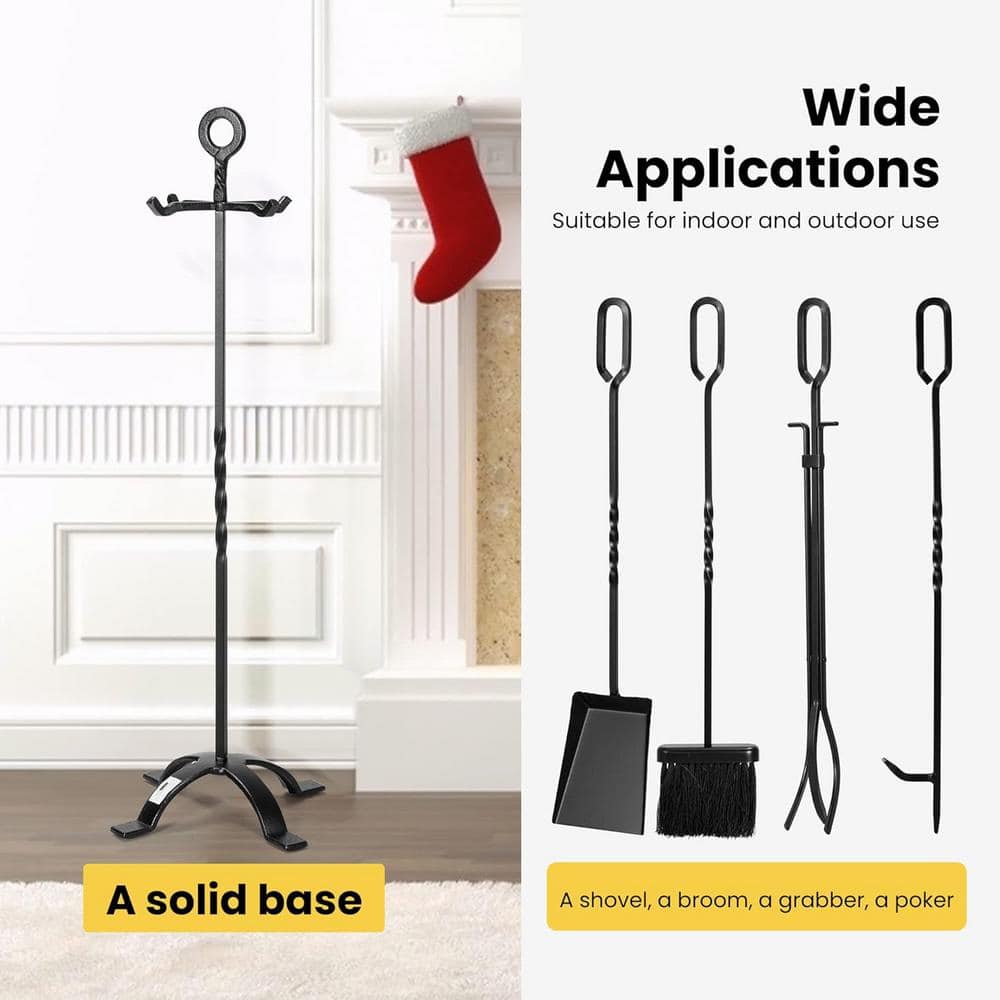 5-Piece Wrought Iron Fireplace Tool Set with Poker, Grabber, Broom, Shovel - Hercitys