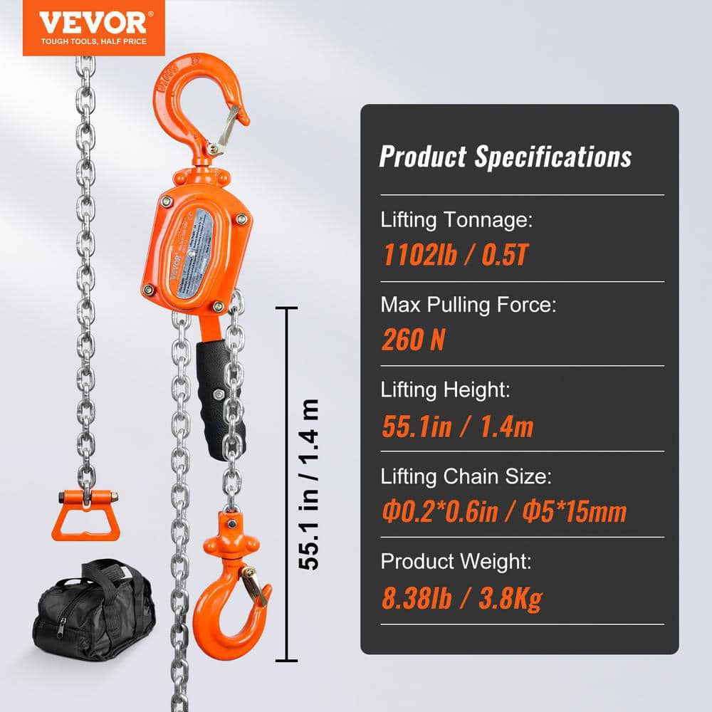 1/2 Ton Manual Lever Chain Hoist 5 ft. Long Chain Hoist with 360° Rotation Hook and Double-Pawl Brake - Hercitys