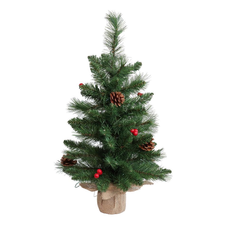 2 ft. Pre-Lit Artificial Christmas Tree with Decorative Pinecones and Burlap Base - Hercitys