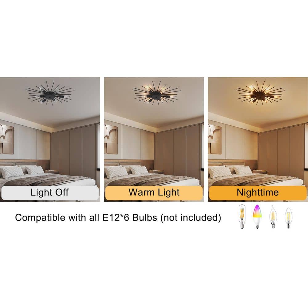 23.82 in. 6-Light Black Modern Starburst Flush Mount Ceiling Light - Hercitys