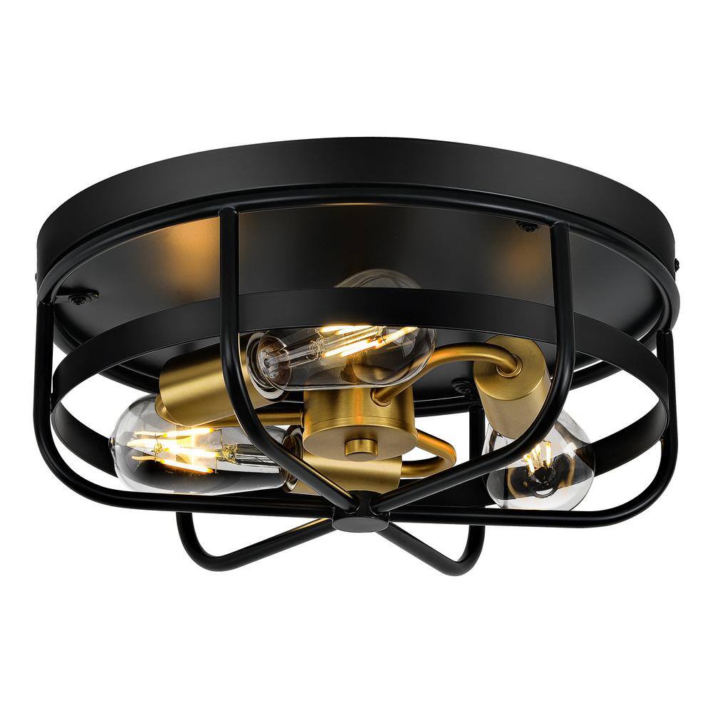 13.8 in. 3-Light Matte Black Flush Mount with Metal Shade and No Bulbs Included - Hercitys